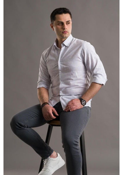 Evrytime Slimfit Yaka Düğmeli Çizgili Uzun Kol Yazlık Erkek Gömlek fiyatları