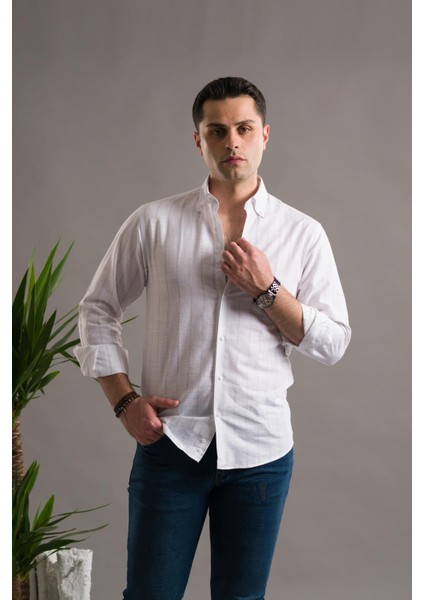 Evrytime Slimfit Pamuklu Çizgili Yaka Düğmeli Uzun Kol Erkek Yazlık Gömlek fırsatları