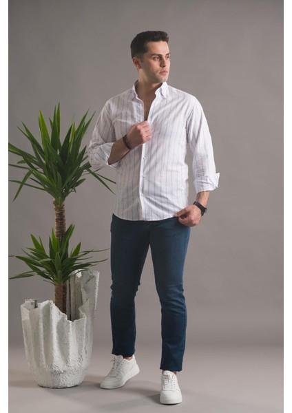 Evrytime Slimfit Pamuklu Çizgili Yaka Düğmeli Uzun Kol Erkek Yazlık Gömlek