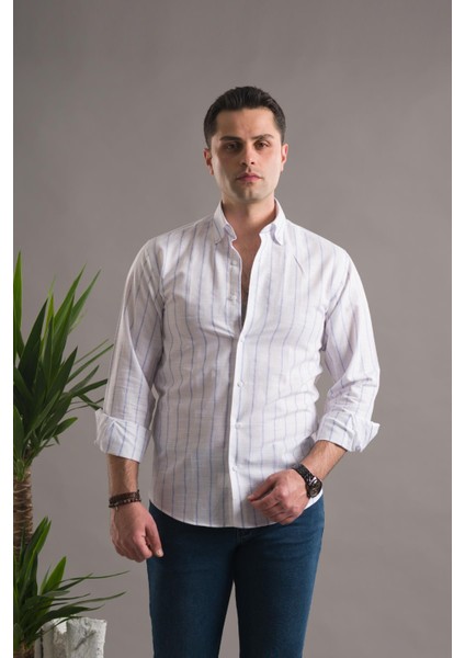 Evrytime Slimfit Pamuklu Çizgili Yaka Düğmeli Uzun Kol Erkek Yazlık Gömlek modelleri