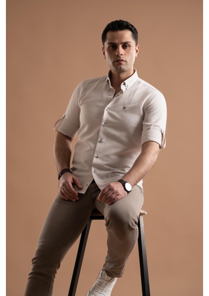 Slimfit Armürlü Yaka Düğmeli Katlamalı Uzun Kol Erkek Gömlek