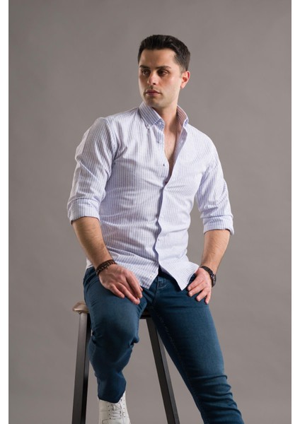 Evrytime Slimfit Yaka Düğmeli Çizgili Uzun Kol Yazlık Erkek Gömlek