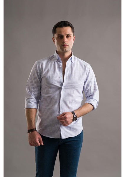 Evrytime Slimfit Yaka Düğmeli Çizgili Uzun Kol Yazlık Erkek Gömlek modelleri