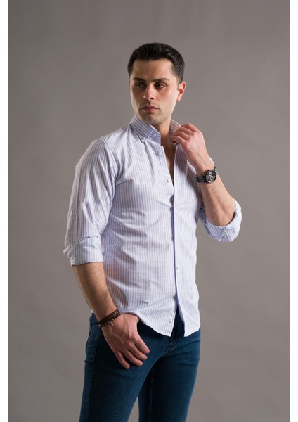 Evrytime Slimfit Yaka Düğmeli Çizgili Uzun Kol Yazlık Erkek Gömlek fırsatları