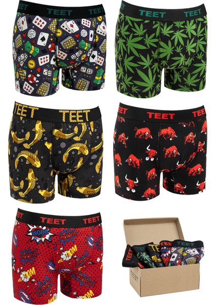 Erkek Boxer Pamuklu Desenli Deluxe 5'li Set