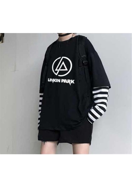 Linkin Park Logo Baskılı Fake Sleeves Siyah T-Shirt