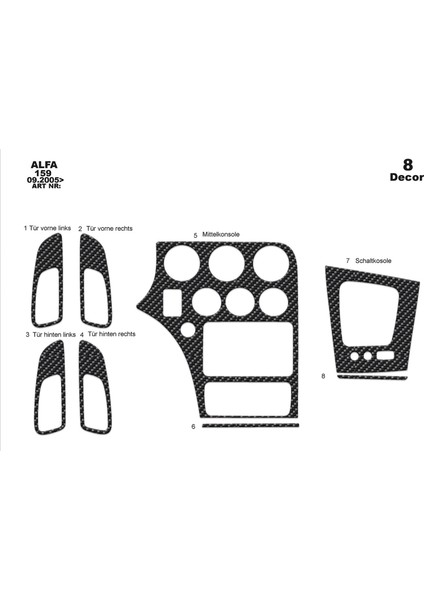 Meriç® Alfa 159 Ön Torpido Kaplama Maun 8 Parça 2005-›