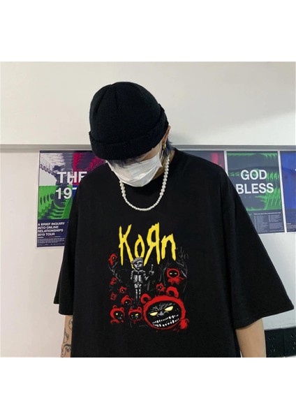 Rock Serisi Korn Poster Siyah Oversize T-Shirt