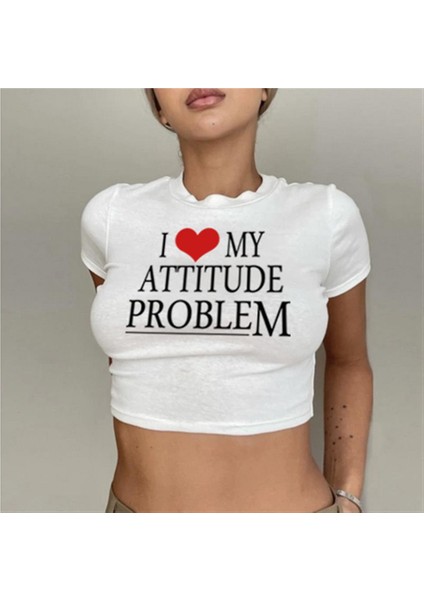 I Love My Attitude Baskılı Beyaz Crop