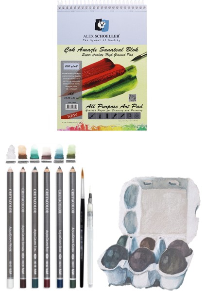 Alex Schoeller 200GR A5 20 Yaprak Cretacolor 6'lı Aquarell Sulandırılabilir Fırçalı Eskiz Set