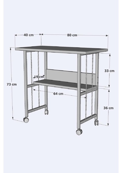 Raflı Frenli Tekerlekli Ofis Ders Laptop Çalışma Masası Metal Ayaklı Mutfak Tekerli Masa