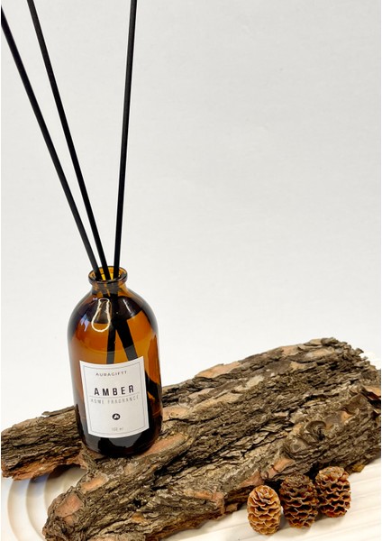 Amber Kokulu Fiber Bambu Çubuklu Oda Kokusu Amber Cam Şişe 100 ml Beyaz Etiketli