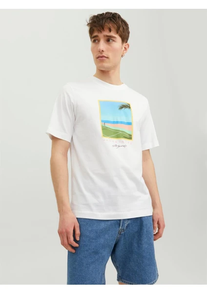 Jack & Jones Jortulum Landscape Tee Ss Crew Neck Beyaz Erkek T-shirt 12235226-Brigh