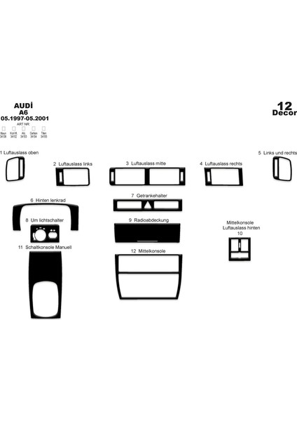Meriç® Audi A6 Ön Torpido Kaplama Maun 12 Parça 1997-2001