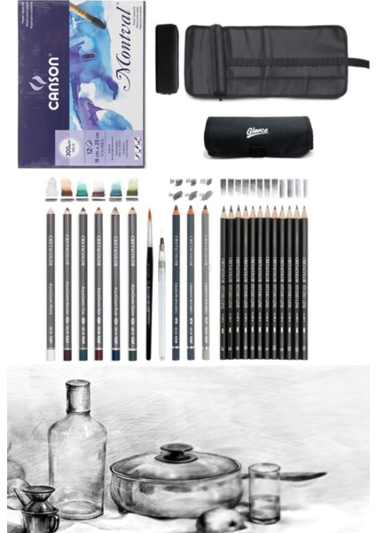 Canson Montval 18X25CM300GR 12 Cretacolor6'lı Aquarell Sulandırılabilir Fırçalı Rulo Kalemlik Seti