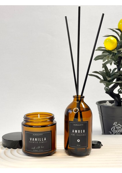 2'li Set Amber Bambu Çubuklu Oda Kokusu Vanilya Kokulu Mum Siyah Etiketli