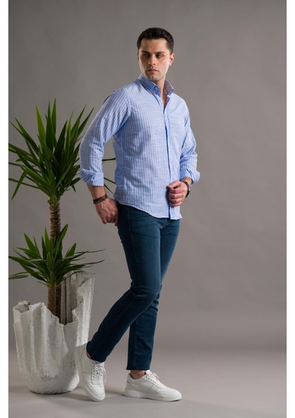 Slimfit Pamuklu Çizgili Yaka Düğmeli Uzun Kol Erkek Gömlek fiyatları