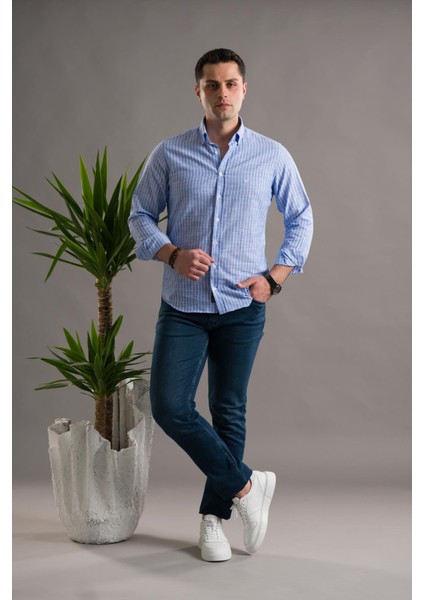 Slimfit Pamuklu Çizgili Yaka Düğmeli Uzun Kol Erkek Gömlek modelleri