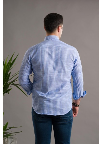 Slimfit Pamuklu Çizgili Yaka Düğmeli Uzun Kol Erkek Gömlek indirimleri