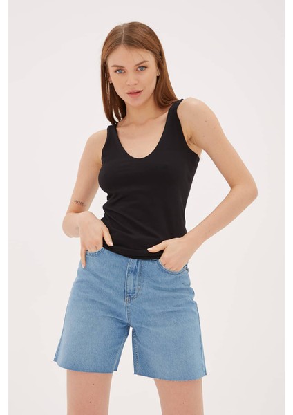 Regular Fit Yuvarlak Yaka Kalın Askılı Örme Atlet Bayan Atlet 23Y0535K1