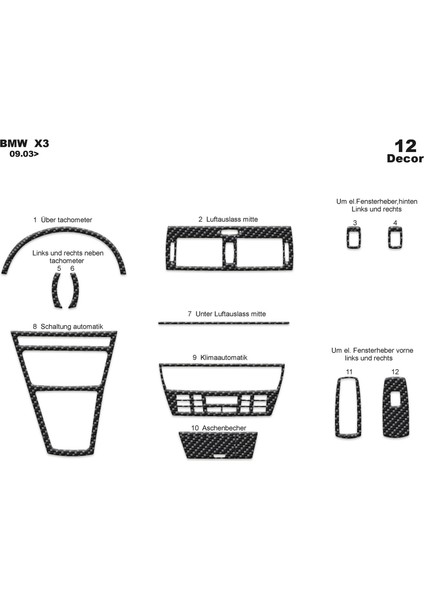 Meriç® Bmw X3 Ön Torpido Kaplama Maun 12 Parça 2003-2009