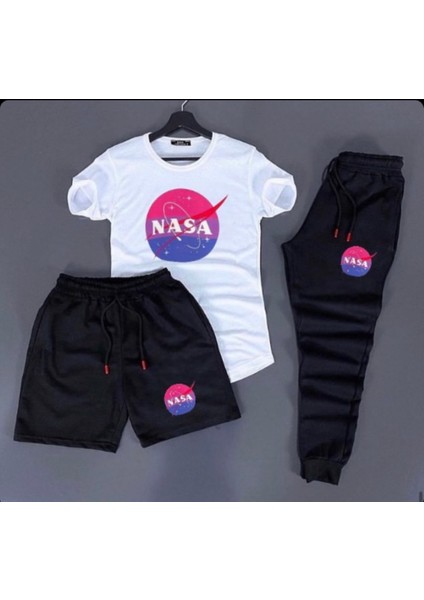 Özel Tasarım Nasa Baskılı %100 Pamuk Kısa Kollu Yazlık Erkek 3lü Eşofman Takımı