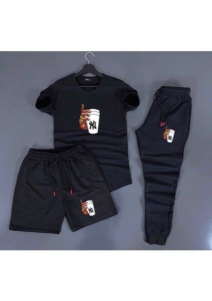 Özel Tasarım Bardak Tutan El Baskılı %100 Pamuk Kısa Kollu Yazlık 3lü Erkek Eşofman Takımı