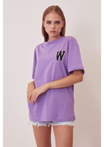 W Baskılı T-Shirt-Mor