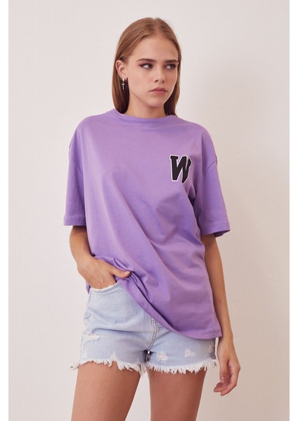 W Baskılı T-Shirt-Mor