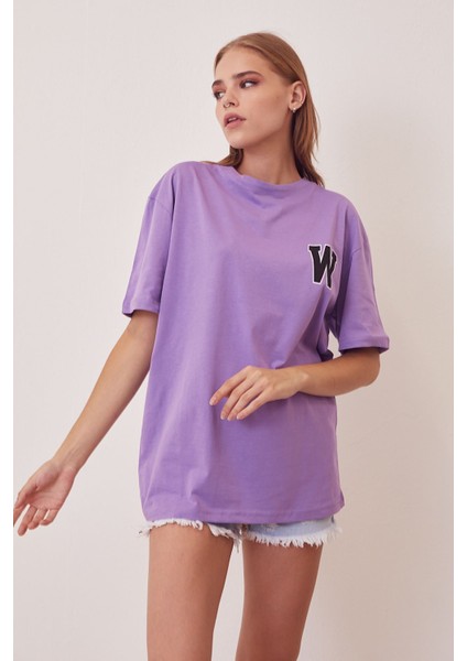 W Baskılı T-Shirt-Mor