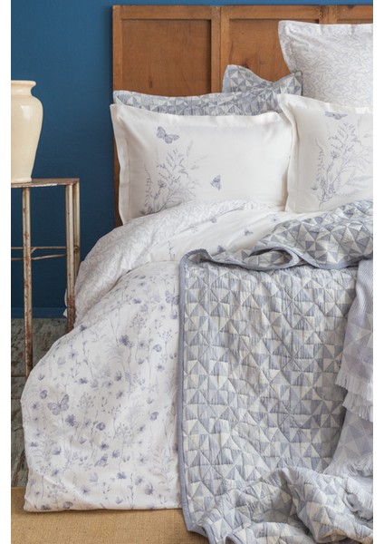 Liberty Indigo Çift Kişilik %100 Pamuk Nevresim Takımı ve Battaniye-Yatak Örtüsü Seti