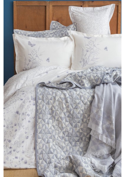 Liberty Indigo Çift Kişilik %100 Pamuk Nevresim Takımı ve Battaniye-Yatak Örtüsü Seti