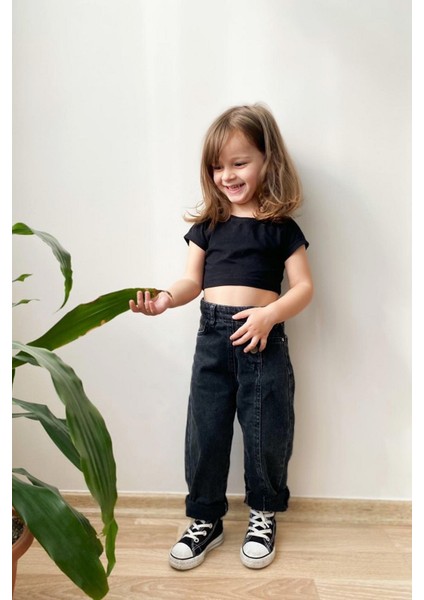 Crop Kız Basic Tshirt Siyah