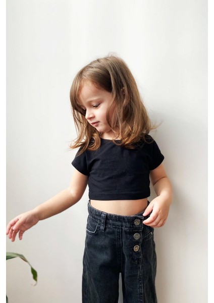 Crop Kız Basic Tshirt Siyah modelleri