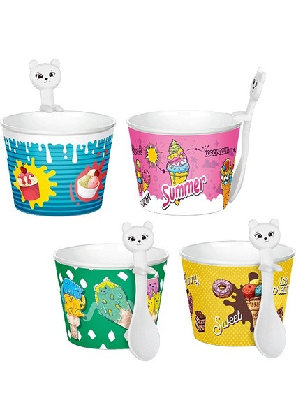 Cupice Kaşıklı Plastik Dondurma Seti 4' Lü - Dondurma Kabı Bpa Free Plastikten Üretilmiştir