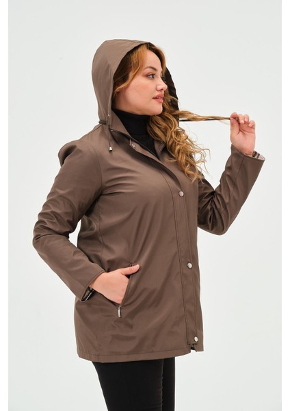 Arden Kadın Büyük Beden Kapüşonlu Fermuar Kapamalı Cepli Kısa Trençkot modelleri