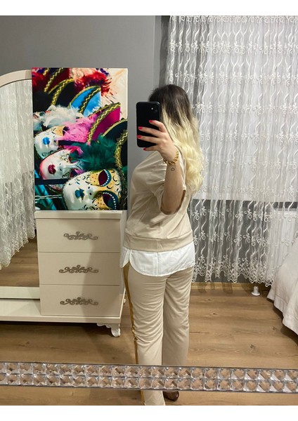 Birinciden Bej Kuş Detaylı Parlak Ikili Takım modelleri