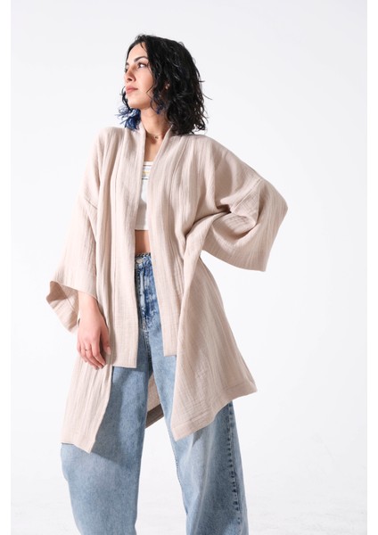 Özel Tasarım Doğal Ince Müslin Kumaştan Oversize Rahat Unisex Kimono