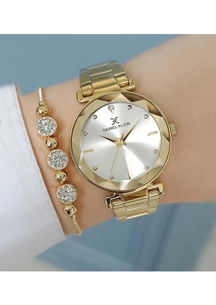 Yeni Model Kesme Camlı Çelik Bilezik Altın Sarısı Kadın Kol Saati + Zirkon Taşlı Bileklik