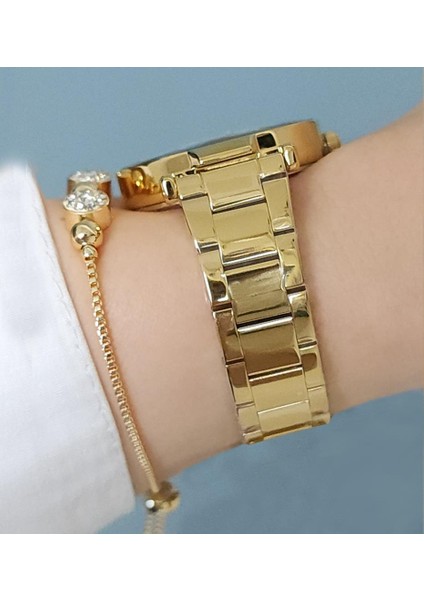 Yeni Model Kesme Camlı Çelik Bilezik Altın Sarısı Kadın Kol Saati + Zirkon Taşlı Bileklik fiyatları