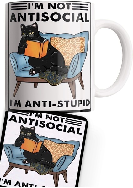 Kara Kedi Serisi Çift Baskılı Porselen + Ahşap Bardak Altlığı