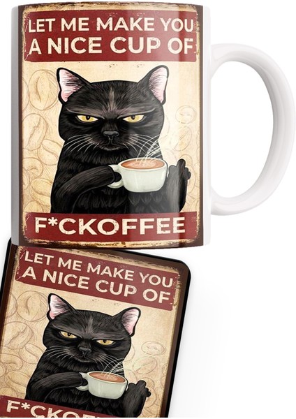 Kara Kedi Serisi Çift Baskılı Porselen + Ahşap Bardak Altlığı