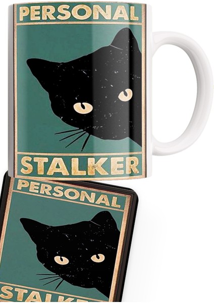 Kara Kedi Serisi Çift Baskılı Porselen + Ahşap Bardak Altlığı