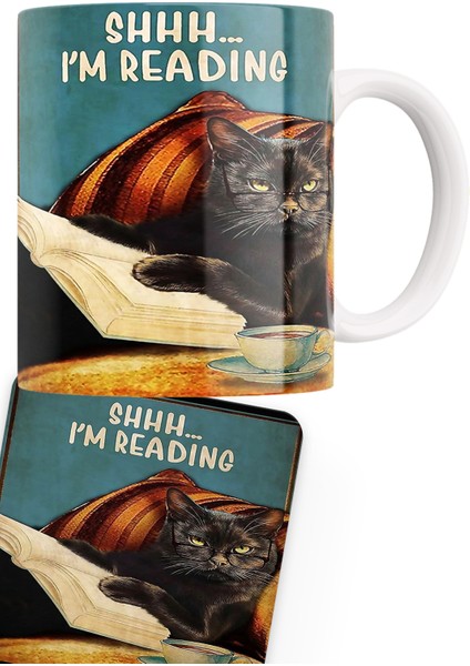 Kara Kedi Serisi Çift Baskılı Porselen + Ahşap Bardak Altlığı