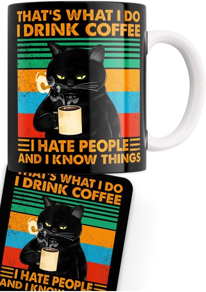 Kara Kedi Serisi Çift Baskılı Porselen + Ahşap Bardak Altlığı