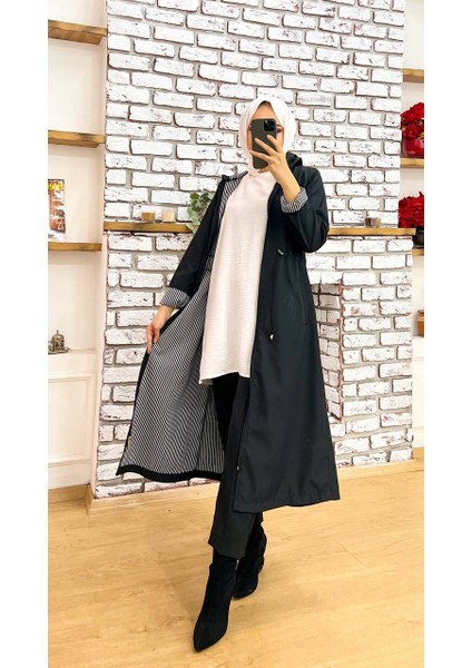 Siyah Içi Çizgili ve Kendinden Astarlı Su Geçirmez Kadın Trençkot modelleri