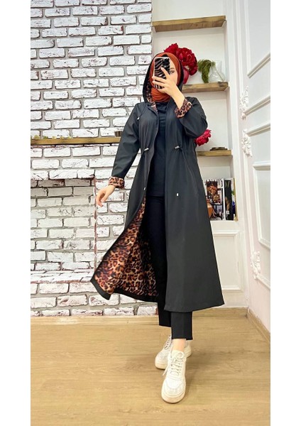 Lacivert Içi Leopar Desenli ve Kendinden Astarlı Su Geçirmez Kadın Trençkot fırsatları