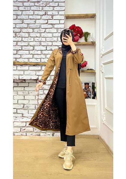 Taba Içi Leopar Desenli ve Kendinden Astarlı Su Geçirmez Kadın Trençkot fiyatları