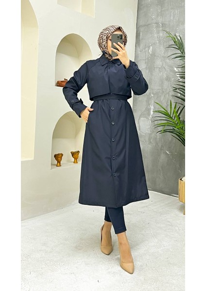 Lacivert Içi Astarlı ve Düğme Detaylı Kadın Trençkot