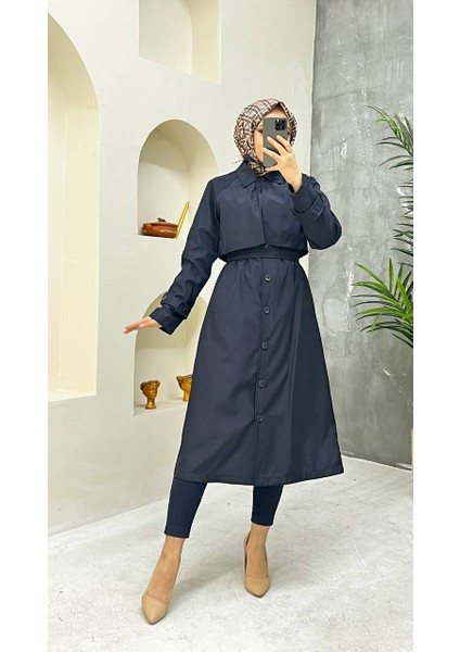 Lacivert Içi Astarlı ve Düğme Detaylı Kadın Trençkot fiyatları